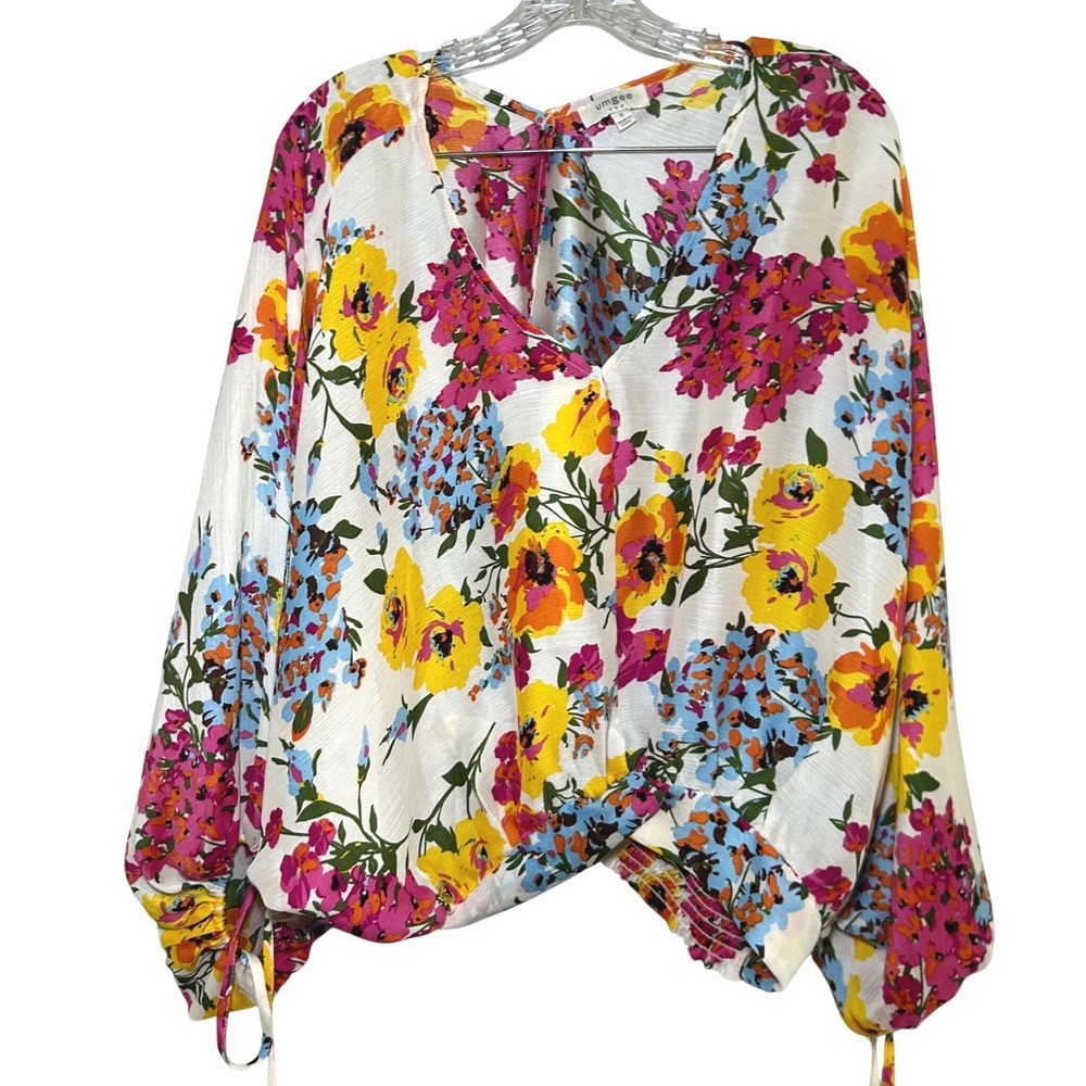 UMGEE Women's Size S White Floral Print Balloon Sleeve V Neck Blouse Top boho